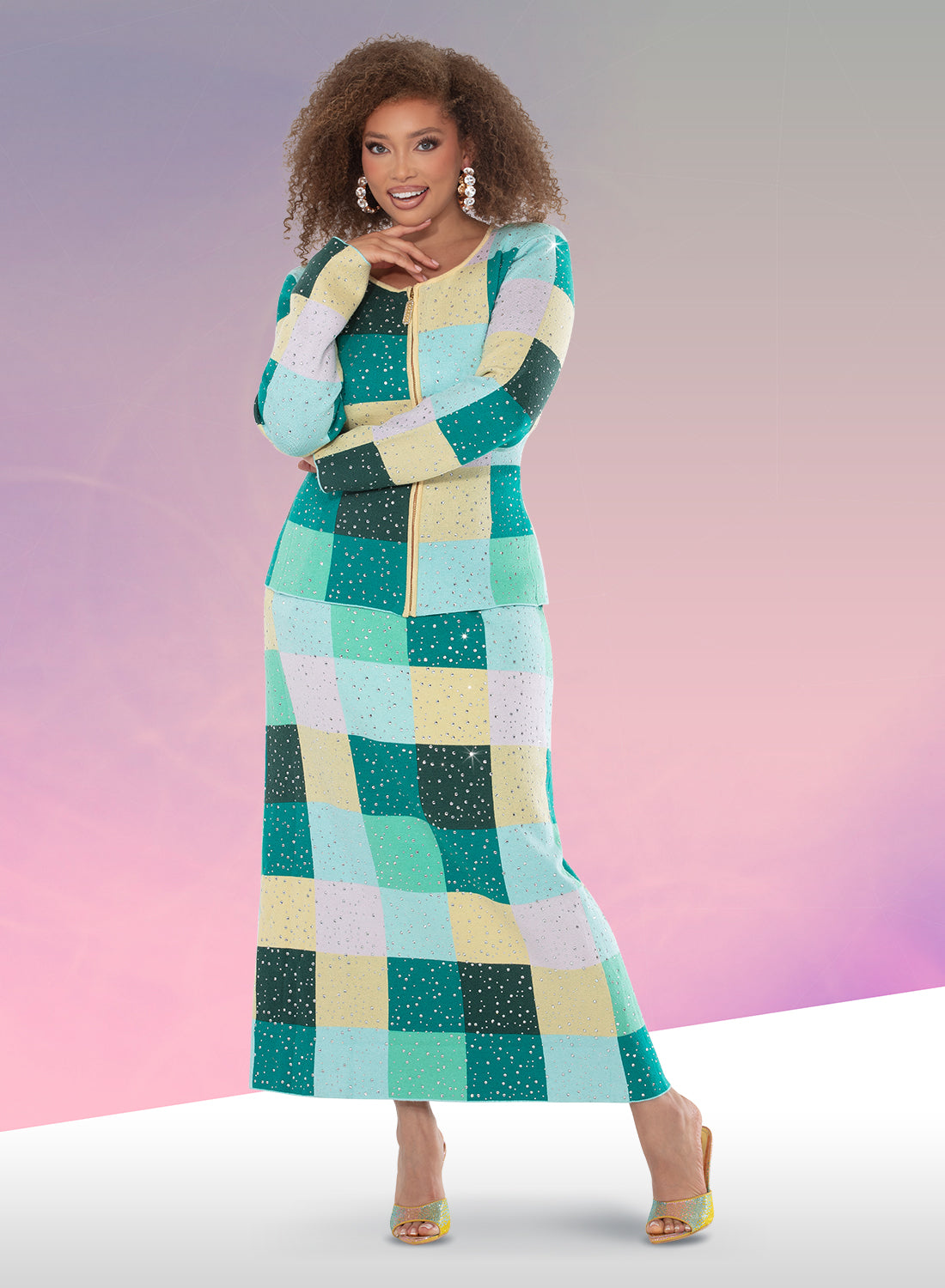 Donna Vinci 13443 Rhinestone Trim Zip Up Skirt Suit