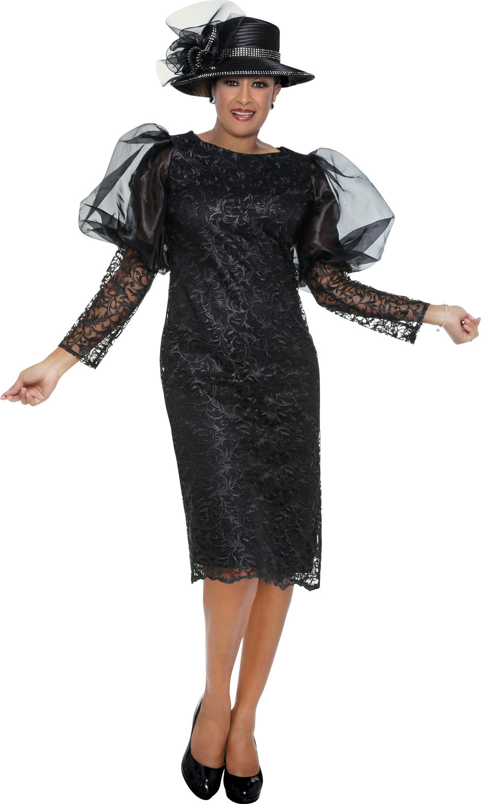 Dorinda Clark Cole 3722W Sheer Puff Sleeve Lace PlusSize Dress