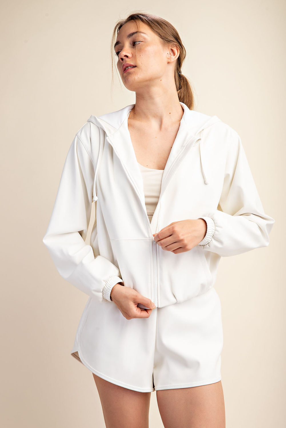 Rae Mode J3123 Faux Leather Cropped Hoodie Jacket