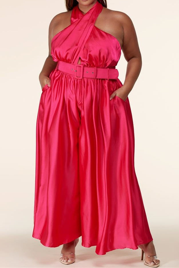 L'atiste by Amy PLJS21256Z Belted Halter PlusSize Jumpsuit