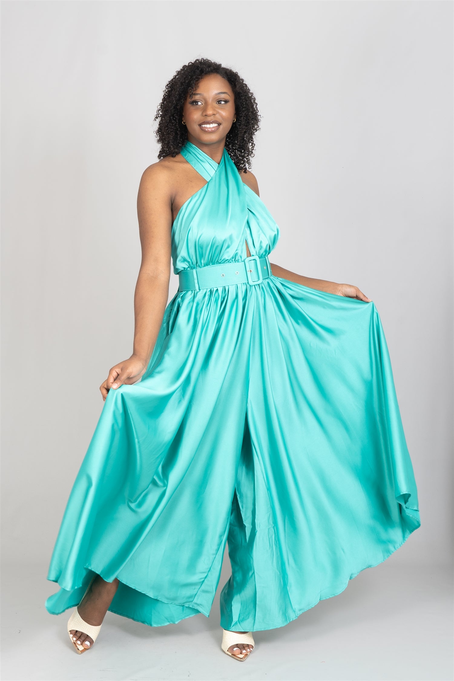 L'atiste by Amy PLJS21256Z Belted Halter PlusSize Jumpsuit