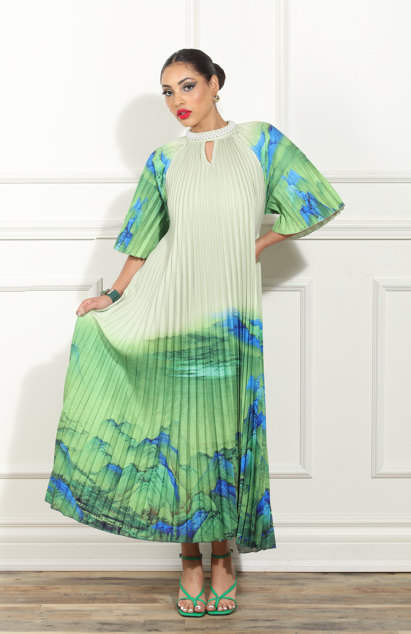 Luxe Moda LM445 Watercolor Print Pleated Dress