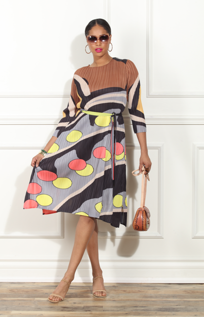 Luxe Moda LM435 Abstarct Pleated Print Dress