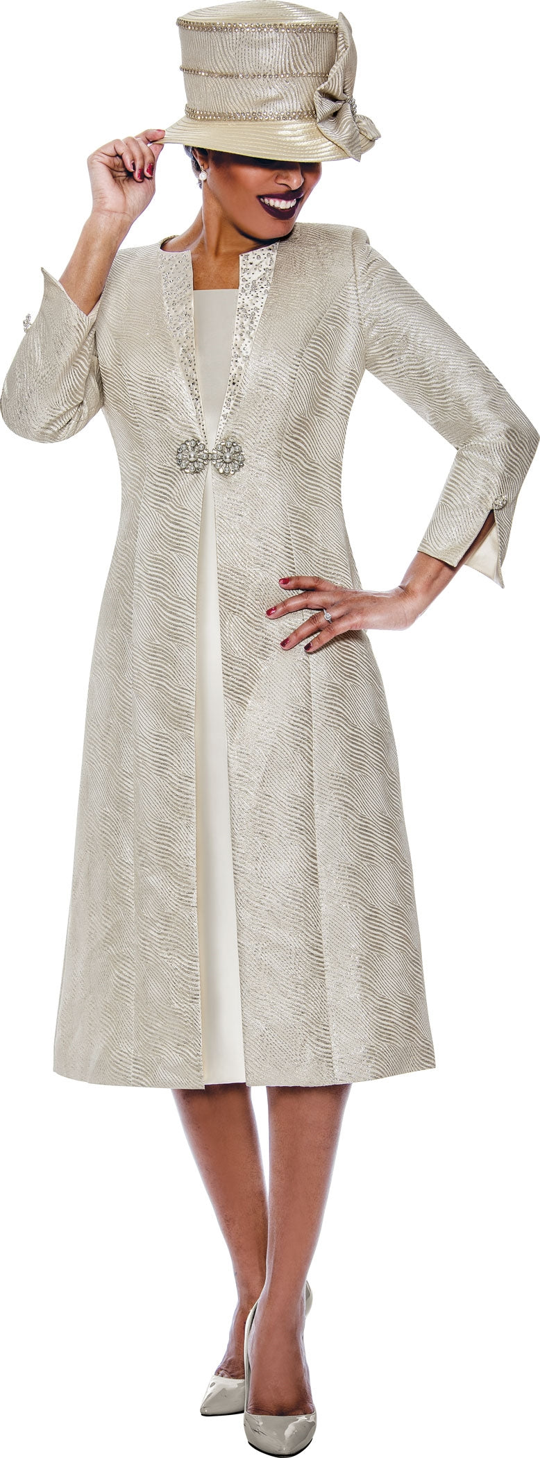 Divine Queen 2352 Metallic Jacquard Dress w/ Long Jacket