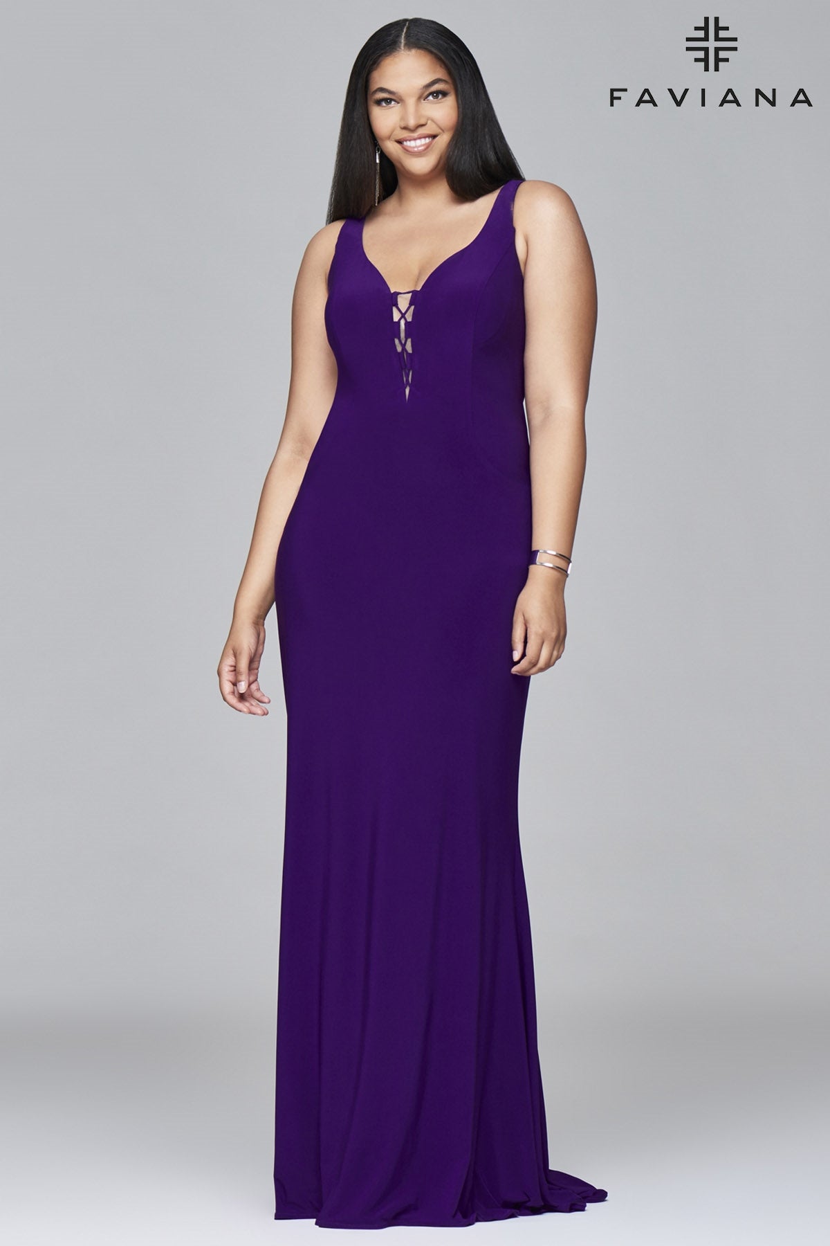 Faviana Curve 9416W V-neck Jersey Lace-up Back Inset PlusSize Dress