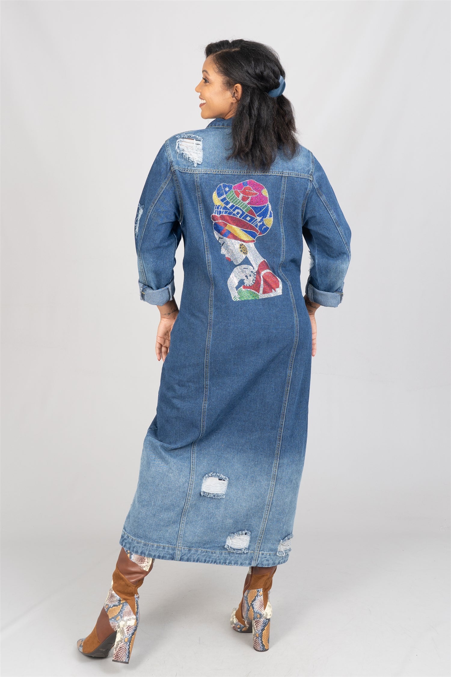 KaraChic CHH22157 Rhinestone Patch Distressed Denim Jacket