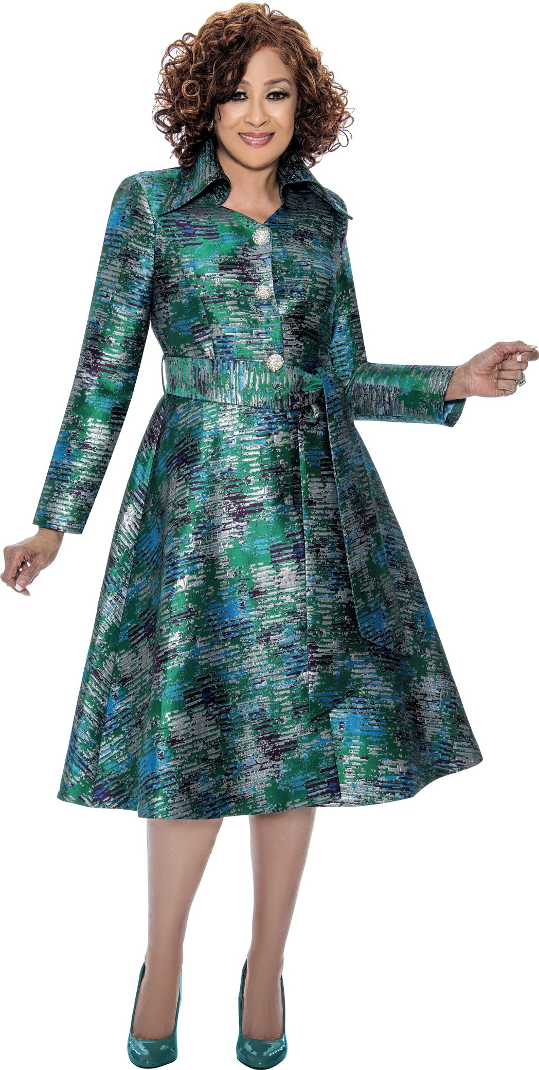 Dorinda Clark Cole 309101W Plus Size Jacquard Dress with Sash Belt