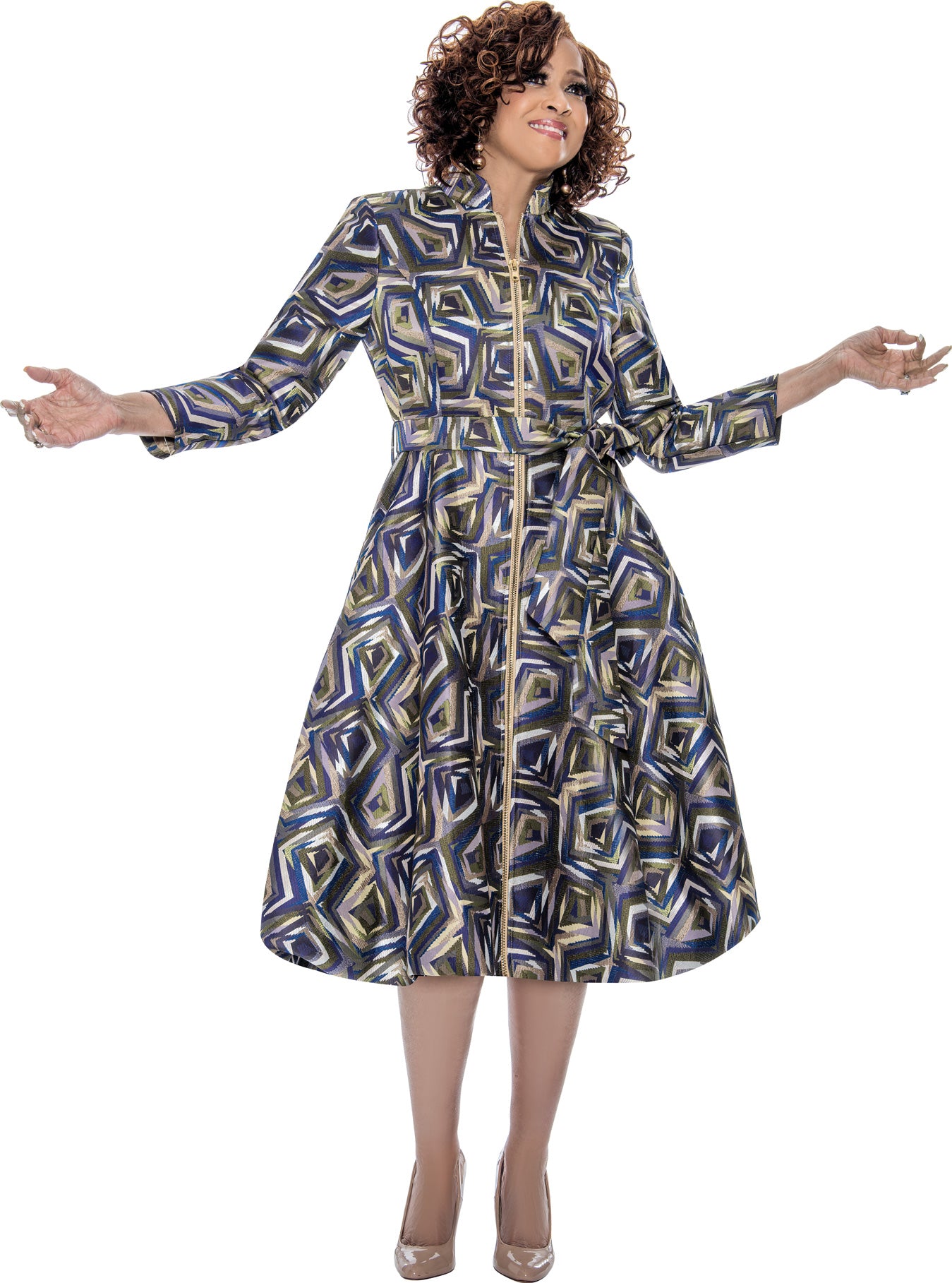 Dorinda Clark Cole 309111 Zip Up Jacquard Dress with Sash Belt