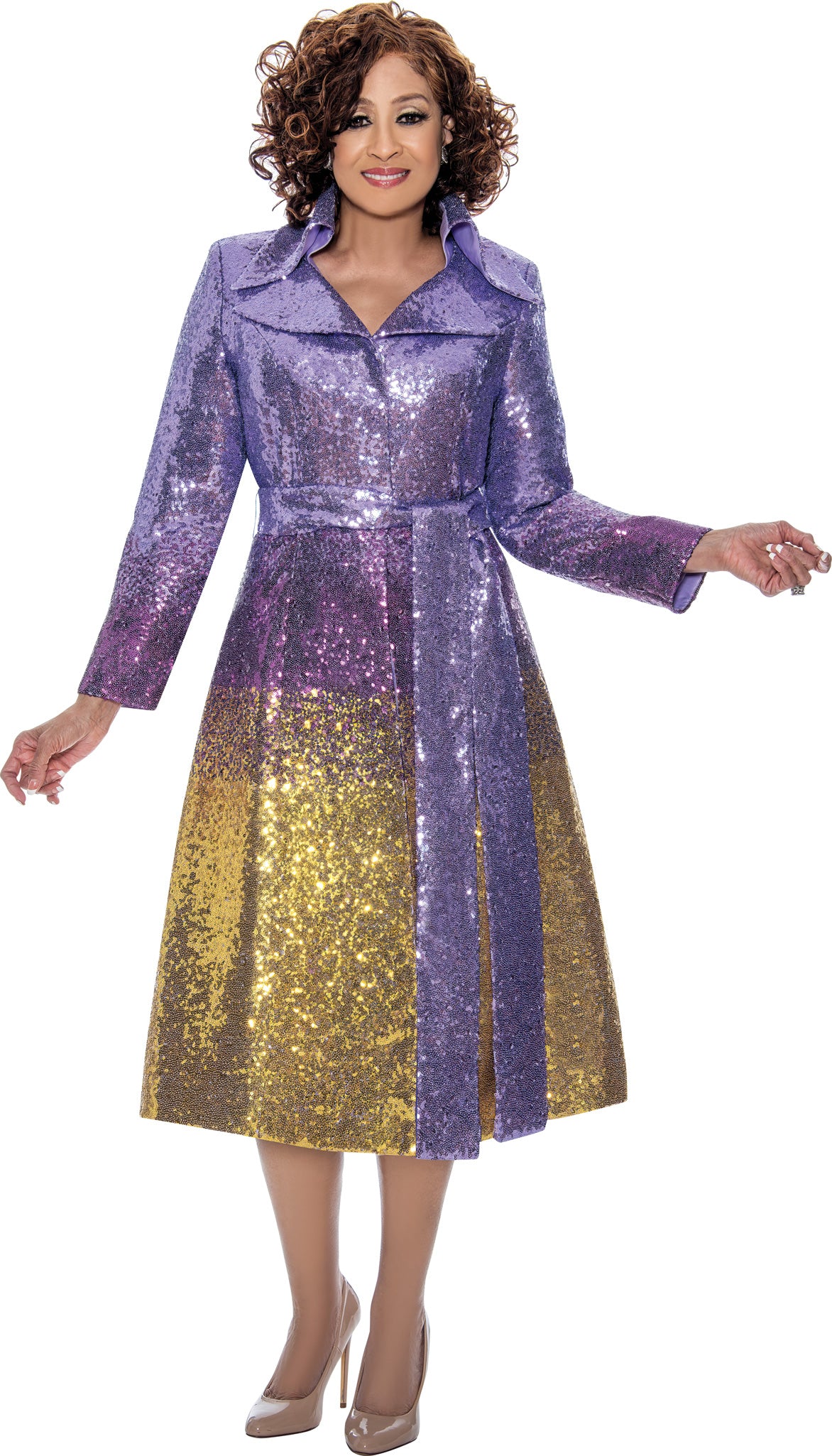 Dorinda Clark Cole 309131W Plus Size Ombre Sequin Dress with Sash Belt