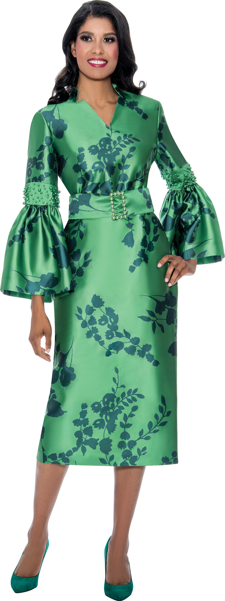 Dresses By Nubiano 10031 Green Print Twill Dress