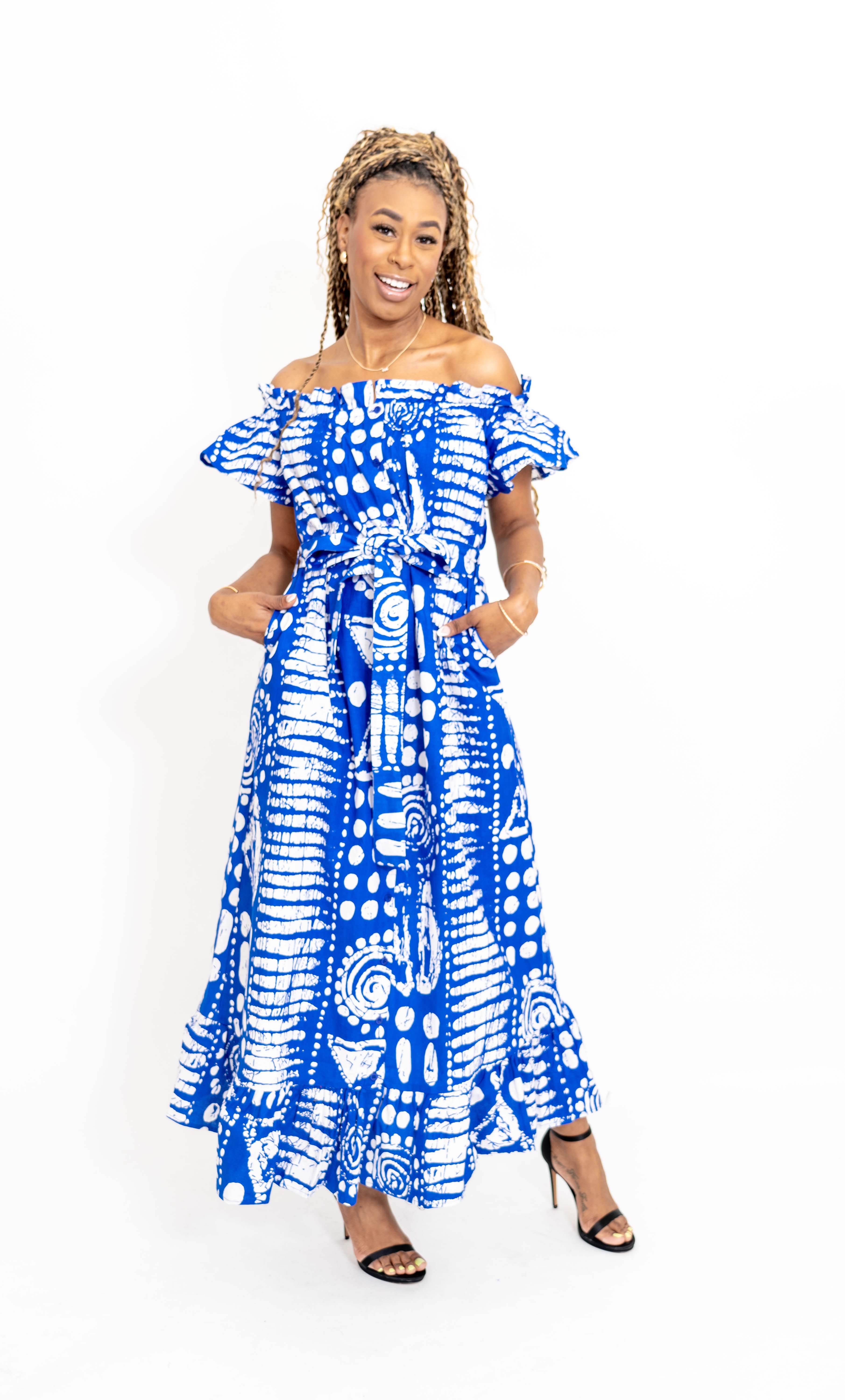 Kara Chic 7807 Off Shoulder Print Dress w/ Belt