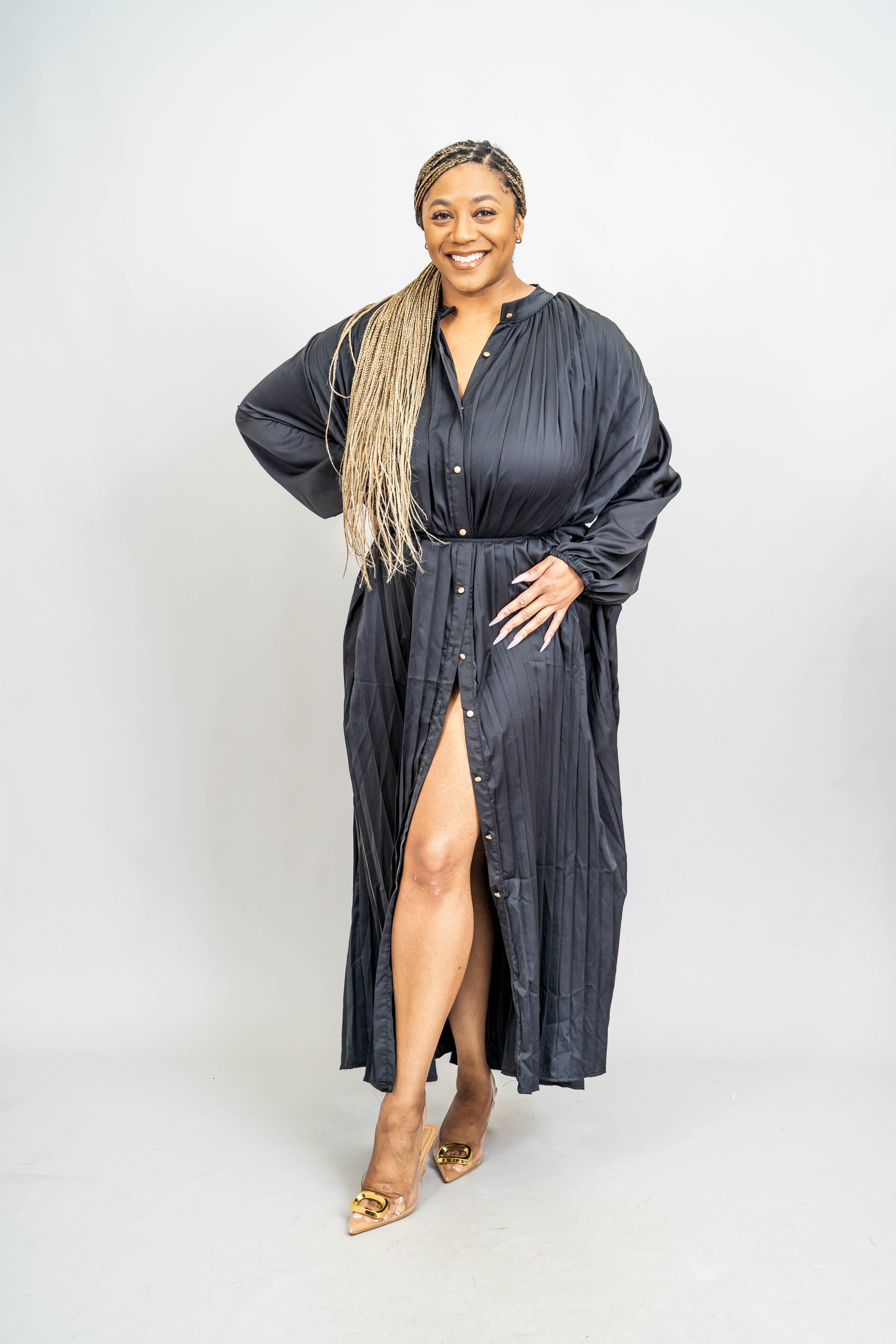 Kara Chic CHH21027N Pleated Button Down Dress w/ Belt
