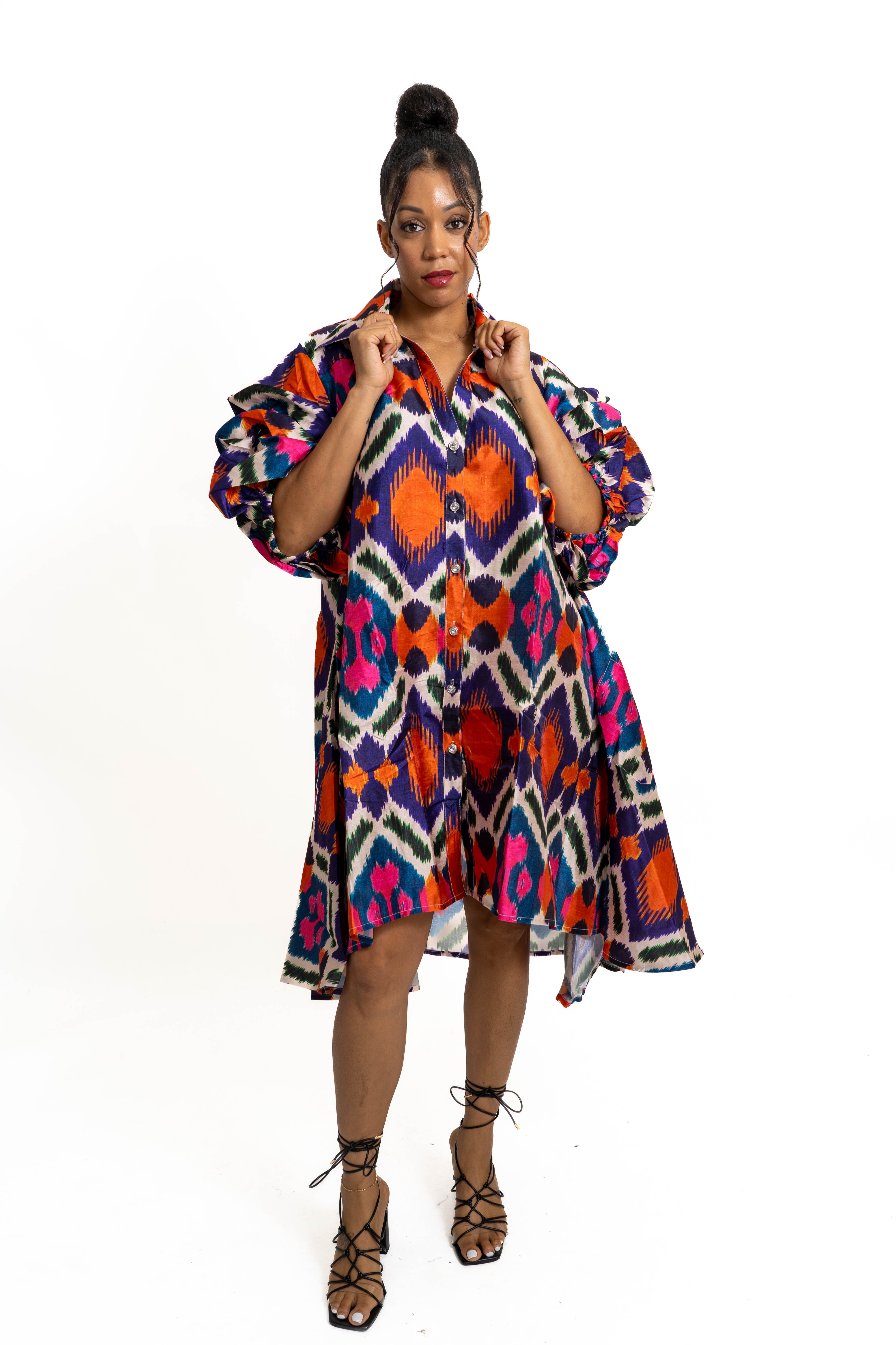 Step In Style AA21123 Faux Silk IKat Print Hilo Dress