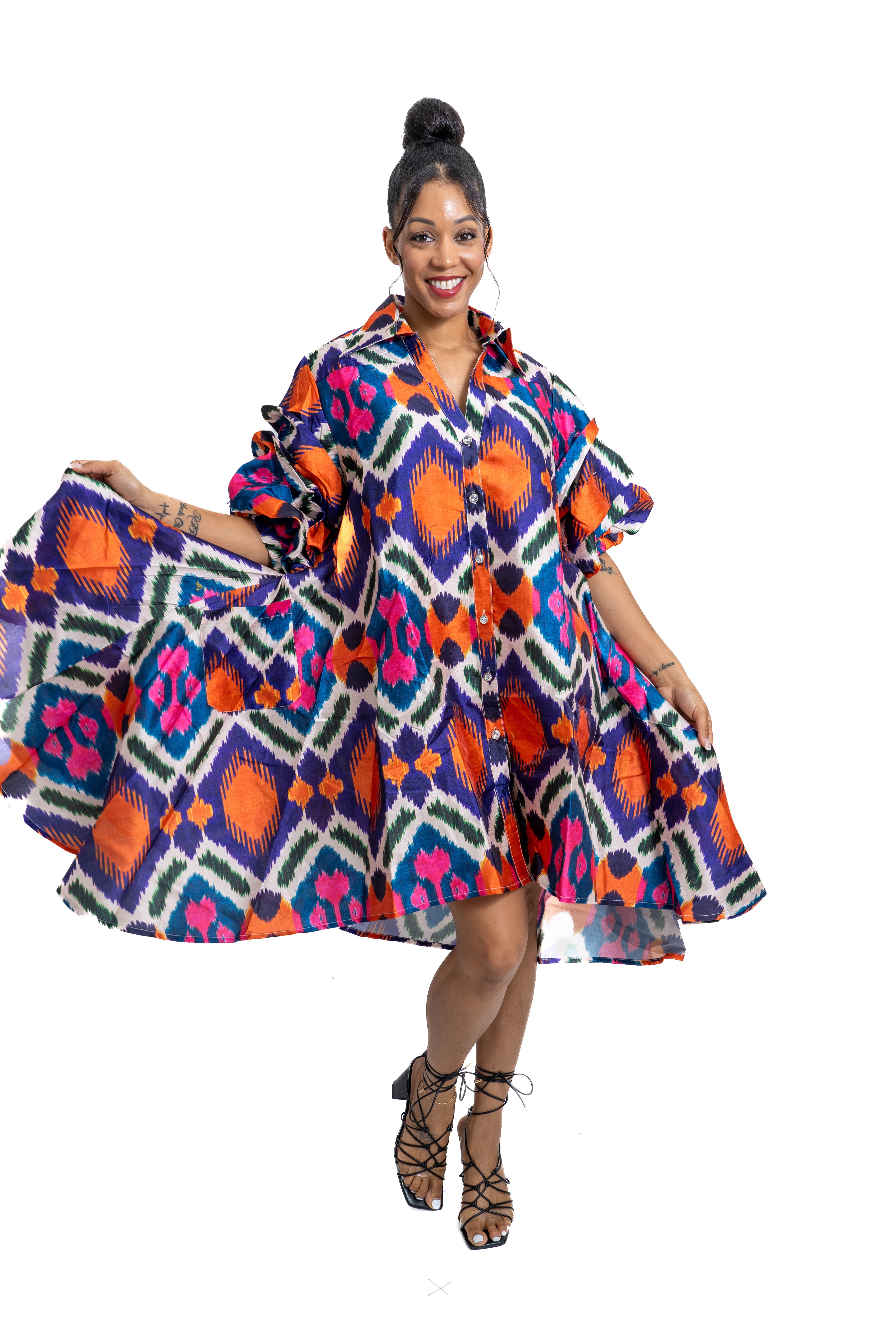Step In Style AA21123 Faux Silk IKat Print Hilo Dress