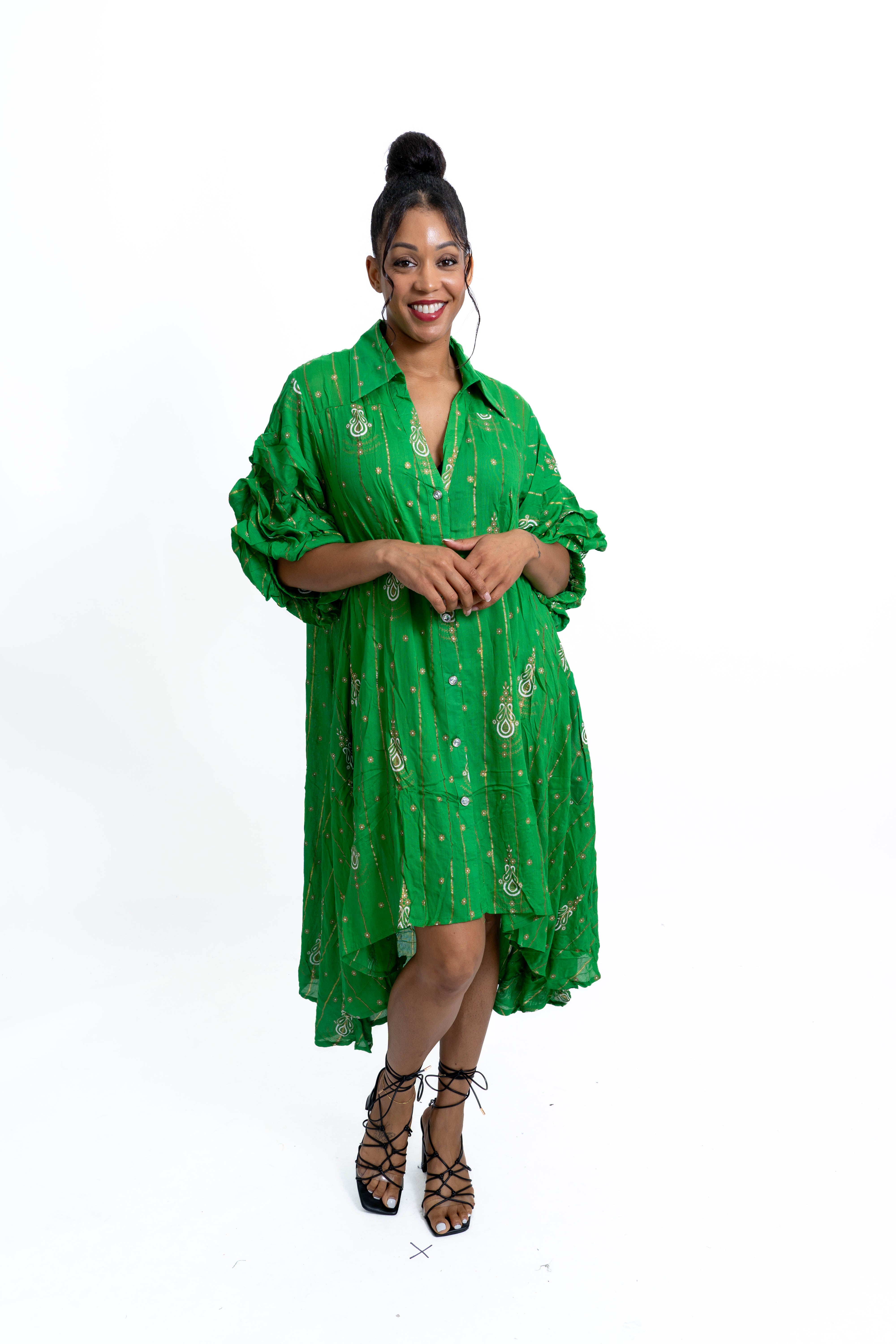 Step In Style AA25123LRX Faux Silk Metallic Paisley Print Dress