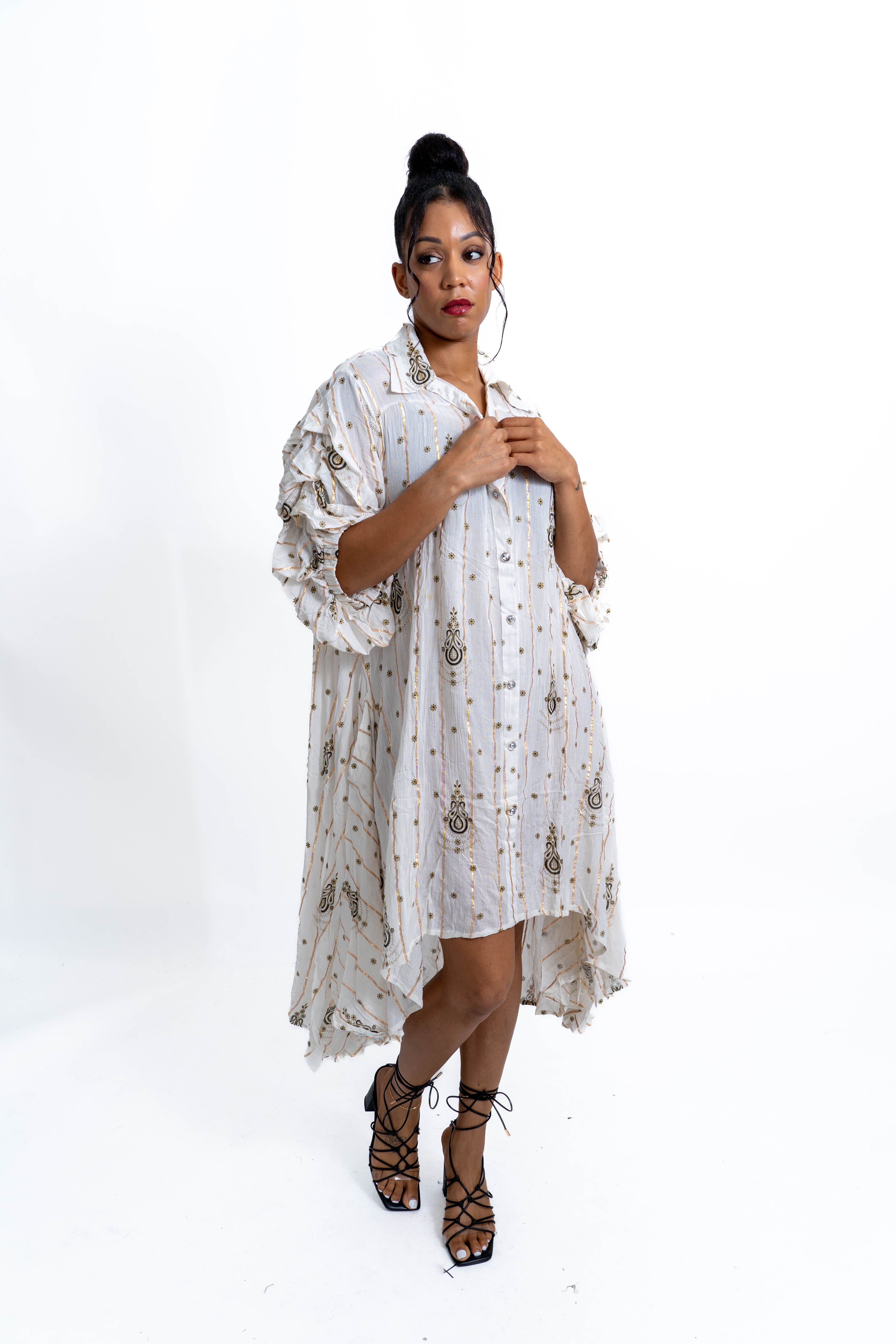 Step In Style AA25123LRX Faux Silk Metallic Paisley Print Dress
