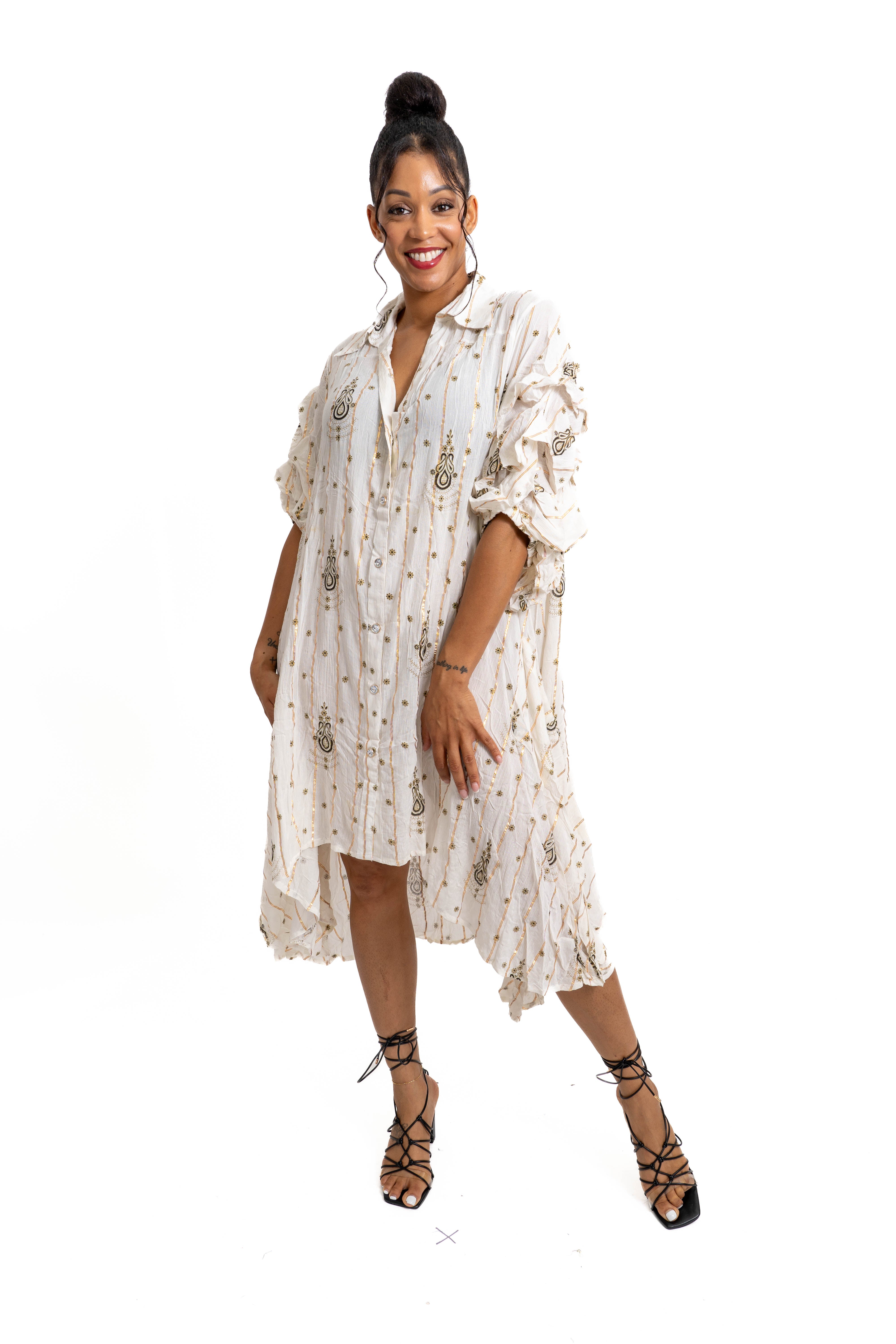 Step In Style AA25123LRX Faux Silk Metallic Paisley Print Dress