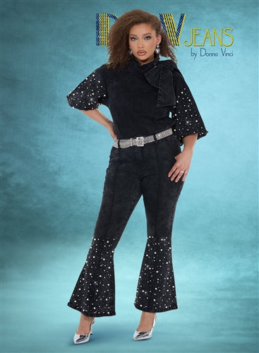 DV Jeans 8490 2pc Denim Pearl & Rhinestone Trim Pant Set