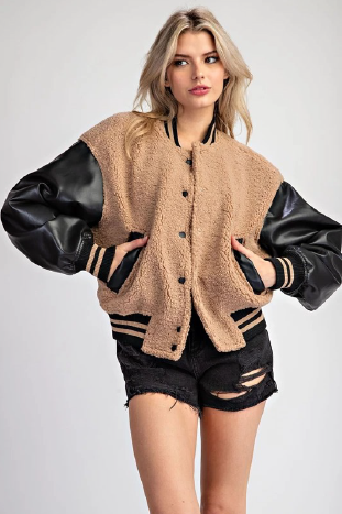 Eesome JG10319 Varsity Teddy Color Block Fur Jacket