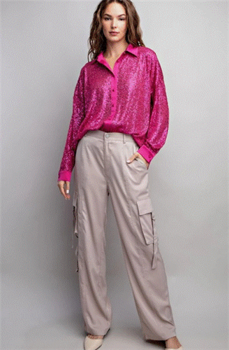 Eesome TK9657 Oversized Button Down Glitter Top