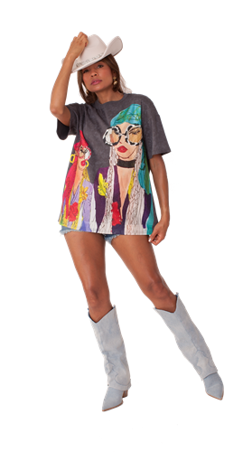 For Her 82343 Embellished Face Print Top