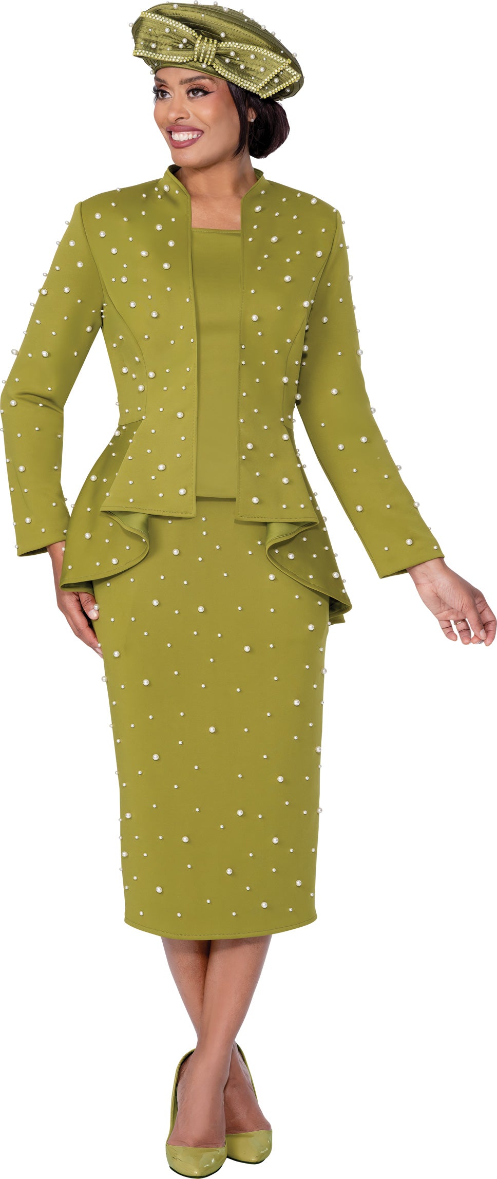 GMI 400663W 3pc Light Scuba Pearl Embellished Plus Size Skirt Suit