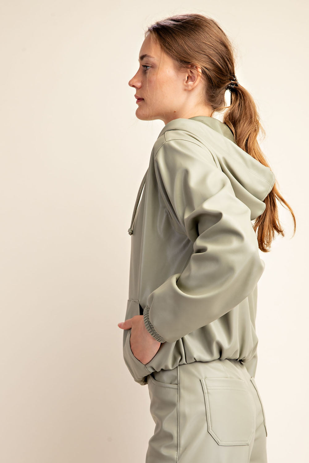 Rae Mode J3123 Faux Leather Cropped Hoodie Jacket