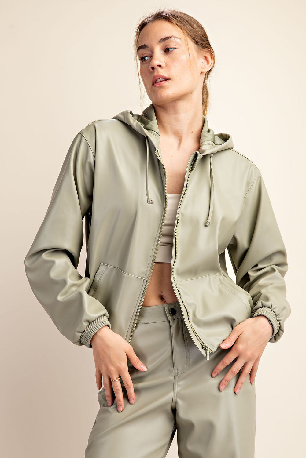 Rae Mode J3123 Faux Leather Cropped Hoodie Jacket