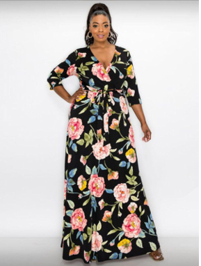 Janette SD1115FC Plus Size Floral Maxi Dress w/ Belt