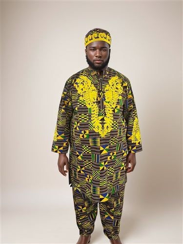 KaraChic 18035RN Men's Authentic African Print 3pc Pant Set with Kufi