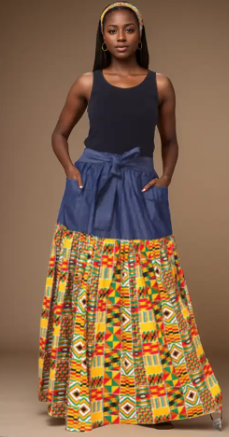 KaraChic 7837 Denim Authentic African Print Skirt