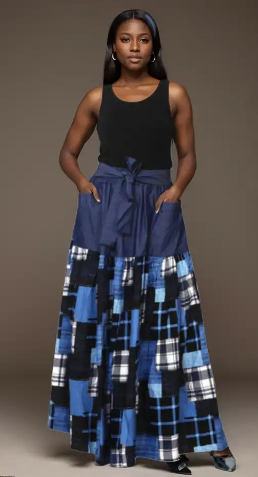 KaraChic 7837 Denim Authentic African Print Skirt