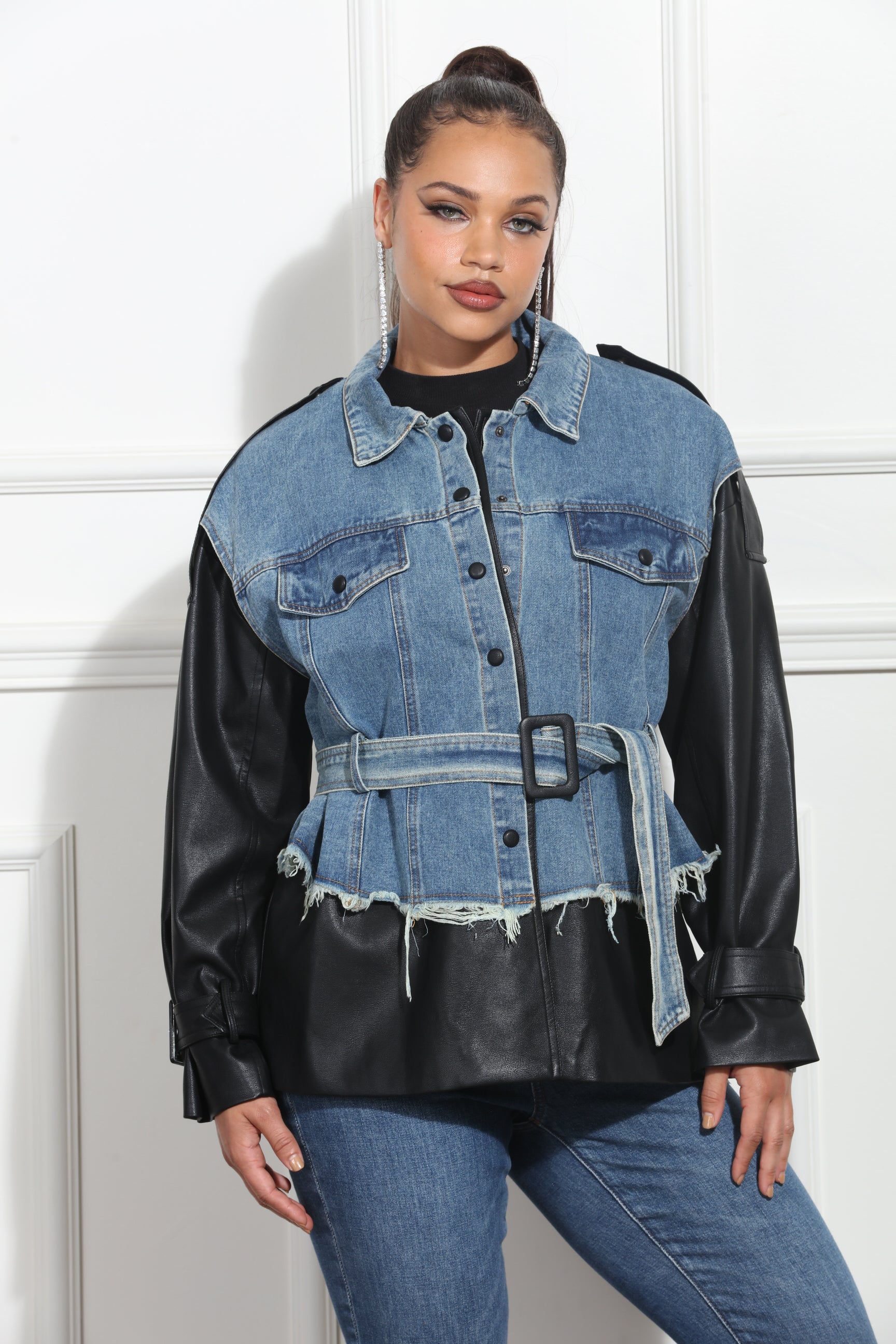 Luxe Moda LM370 Faux Leather Denim Jacket with Belt