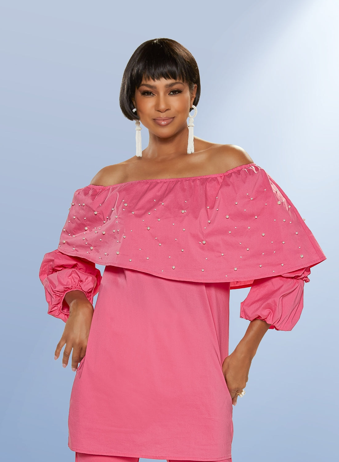 Love the Queen 17376T Off-shoulder Pearl Embellished Tunic Top