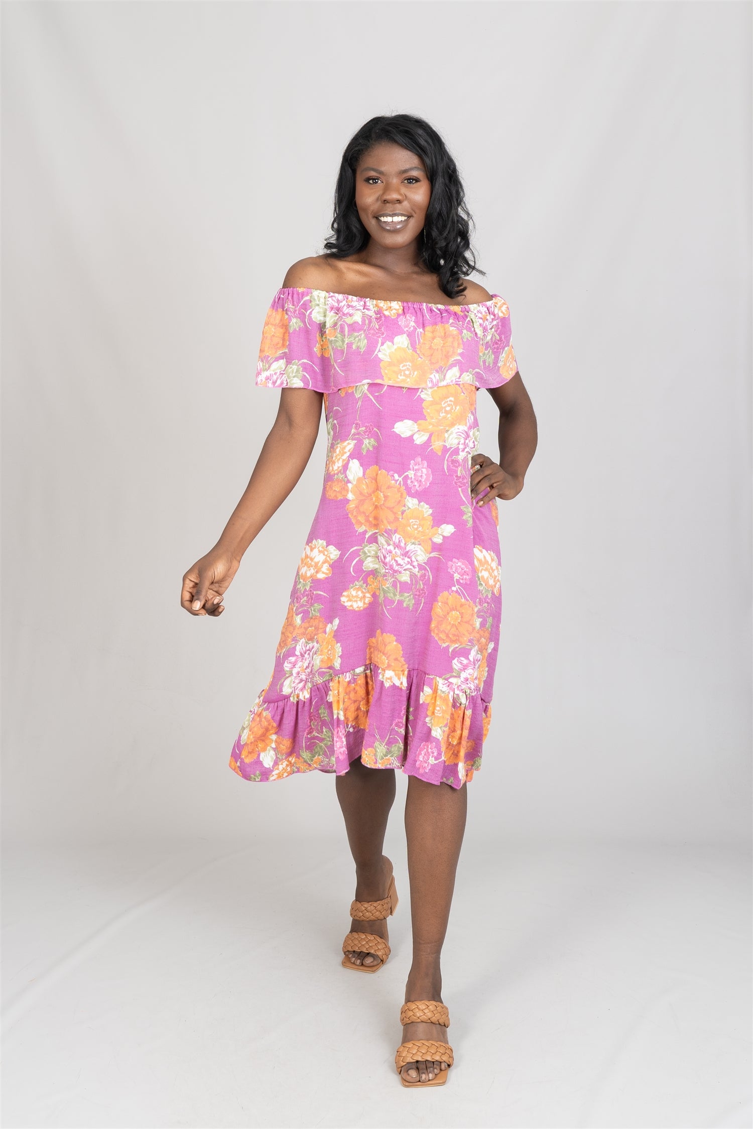 Mlle Gabrielle 122104 Floral Print Off-shoulder PlusSize Dress