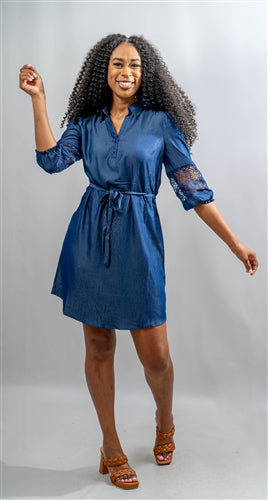 Mlle Gabrielle 122619 Lace Sleeve Denim Dress