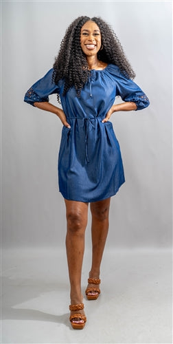 Mlle Gabrielle 122623 Lace Sleeve Denim Dress