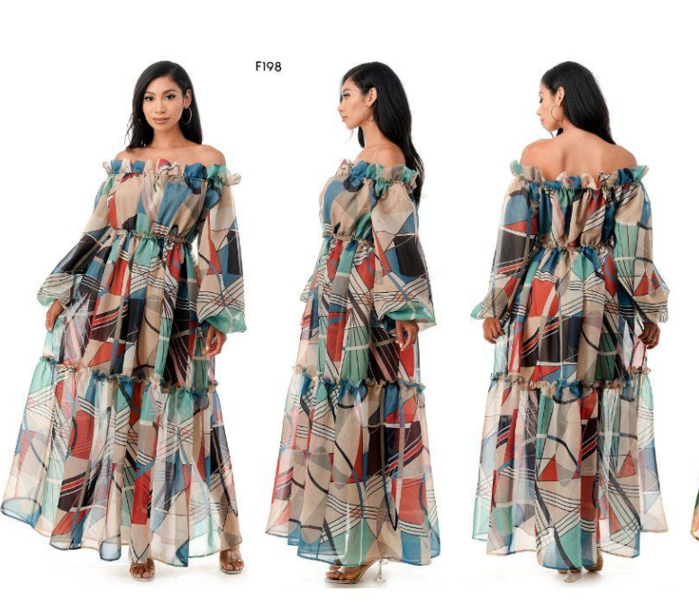 Highlight HD039AT Off Shoulder Print Maxi Dress