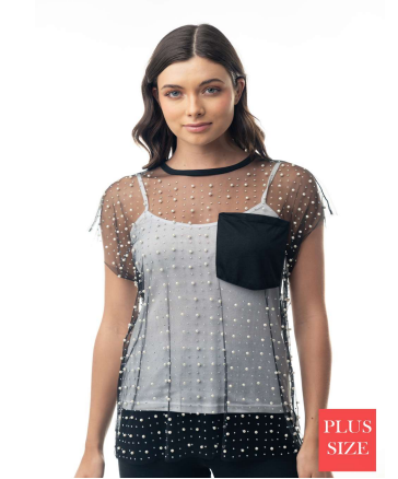 White Birch T24978P Mesh Pearl Top