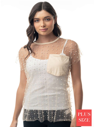 White Birch T24978P Mesh Pearl Top