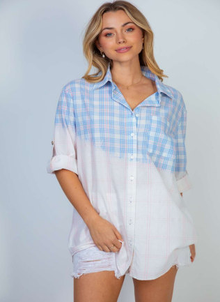 White Birch T24186XL Plaid Dip Dye Top