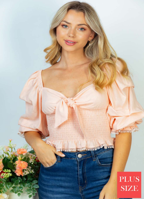 White Birch T24233P Tie Front Smocked Top