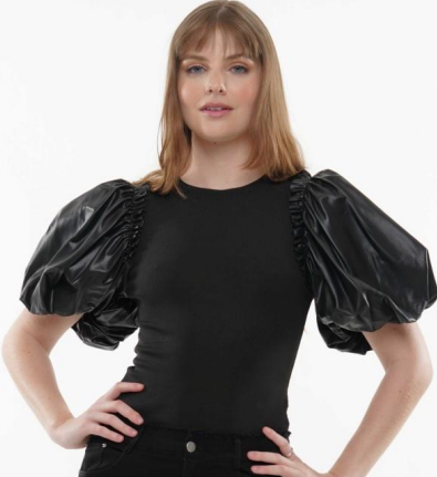 Why T230294 Puff Sleeve Faux Leather Top