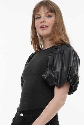 Why T230294 Puff Sleeve Faux Leather Top
