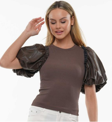 Why T230294 Puff Sleeve Faux Leather Top