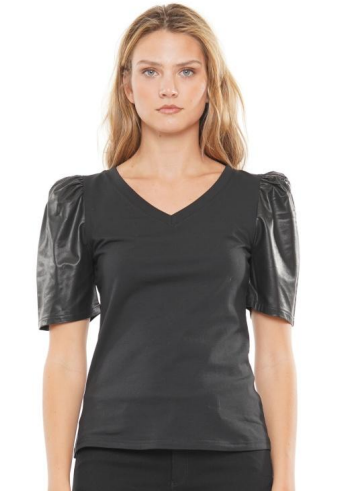 Why T220303 Puff Sleeve Faux Leather Top