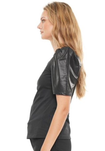 Why T220303 Puff Sleeve Faux Leather Top