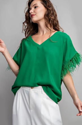 EESOME TK7717 Vneck Feather Trim Top