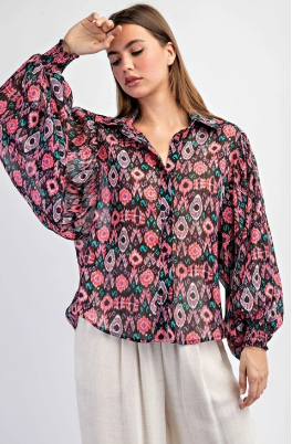 Eesome PTK7965 Balloon Sleeve Plus Size Print Top