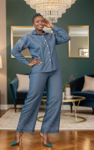 Kara Chic 25041 2pc Denim Rhinestone Set
